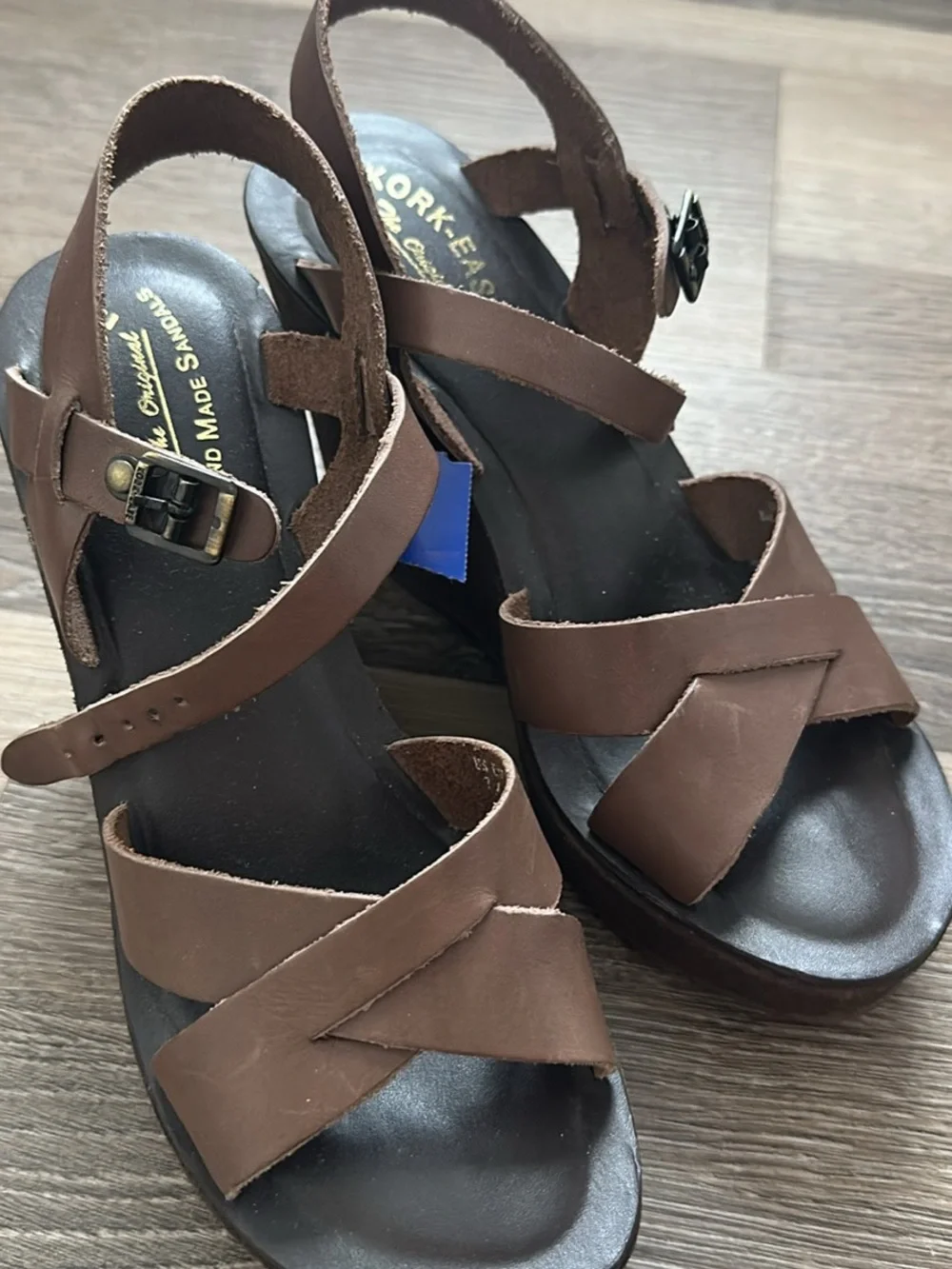 Kork-Ease Brown Leather Wedge Sandals with Ankle Strap
